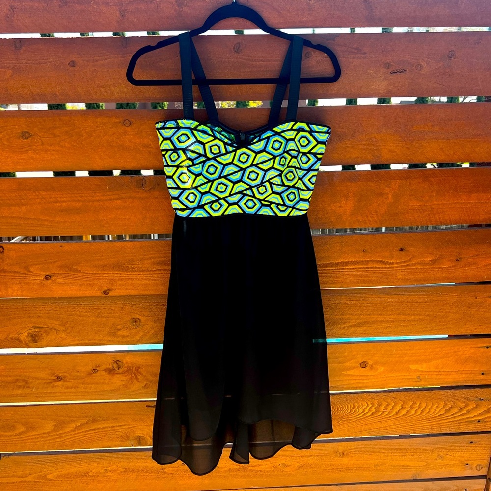 Fun, flirty dress! Black with neon colors and straps. Size Large.